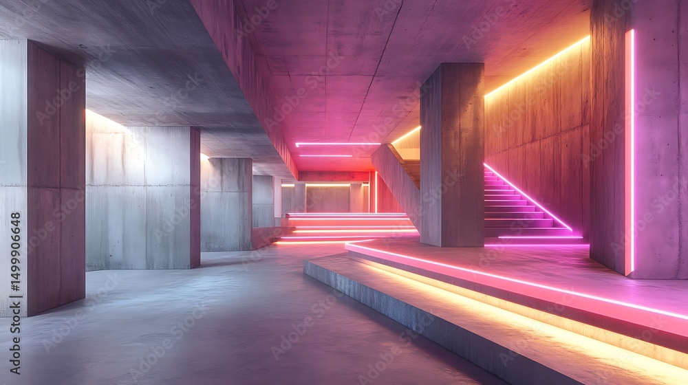 Poster 3d rendering of an empty room with stairs illuminated by neon lights