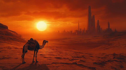Camel in cracking dry land. Lifeless. Drought.
