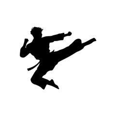Silhouette of a martial artist performing a high flying side kick in mid-air, wearing a traditional uniform and belt, isolated on a white background with dynamic posture.