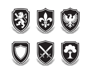 Elegant Black and White Heraldic Shields with Diverse Emblems