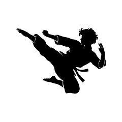 Silhouette of a martial artist performing a high flying side kick in mid-air, wearing a traditional uniform and belt, isolated on a white background with dynamic posture.
