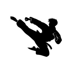 Silhouette of a martial artist performing a high flying side kick in mid-air, wearing a traditional uniform and belt, isolated on a white background with dynamic posture.