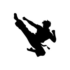 Silhouette of a martial artist performing a high flying side kick in mid-air, wearing a traditional uniform and belt, isolated on a white background with dynamic posture.