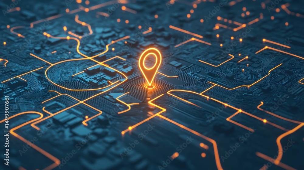 Fototapete Digital Location Mapping: A Glowing Circuit Board with a Pinpoint Location Marker