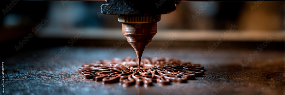 Poster close up of laser cutting machine creating intricate design on metal surface in industrial setting