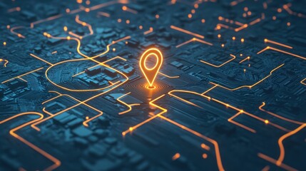 Digital Location Mapping: A Glowing Circuit Board with a Pinpoint Location Marker
