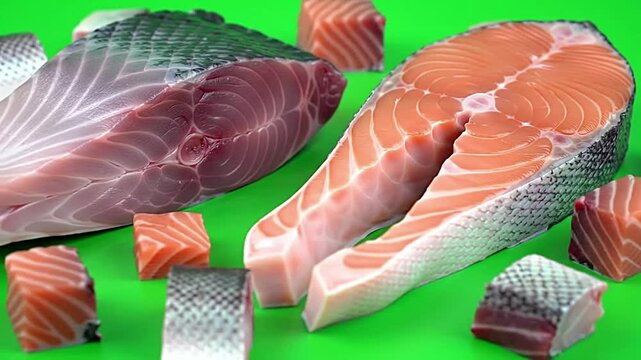 motion graphic animation of red fish steaks (Pieces) and salmon fillets isolated on green screen. Ideal for food ads, cooking visuals, compositing, or seafood product promos