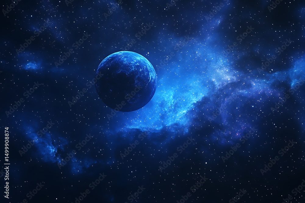Poster abstract space background with planet and nebula, 3d render illustration