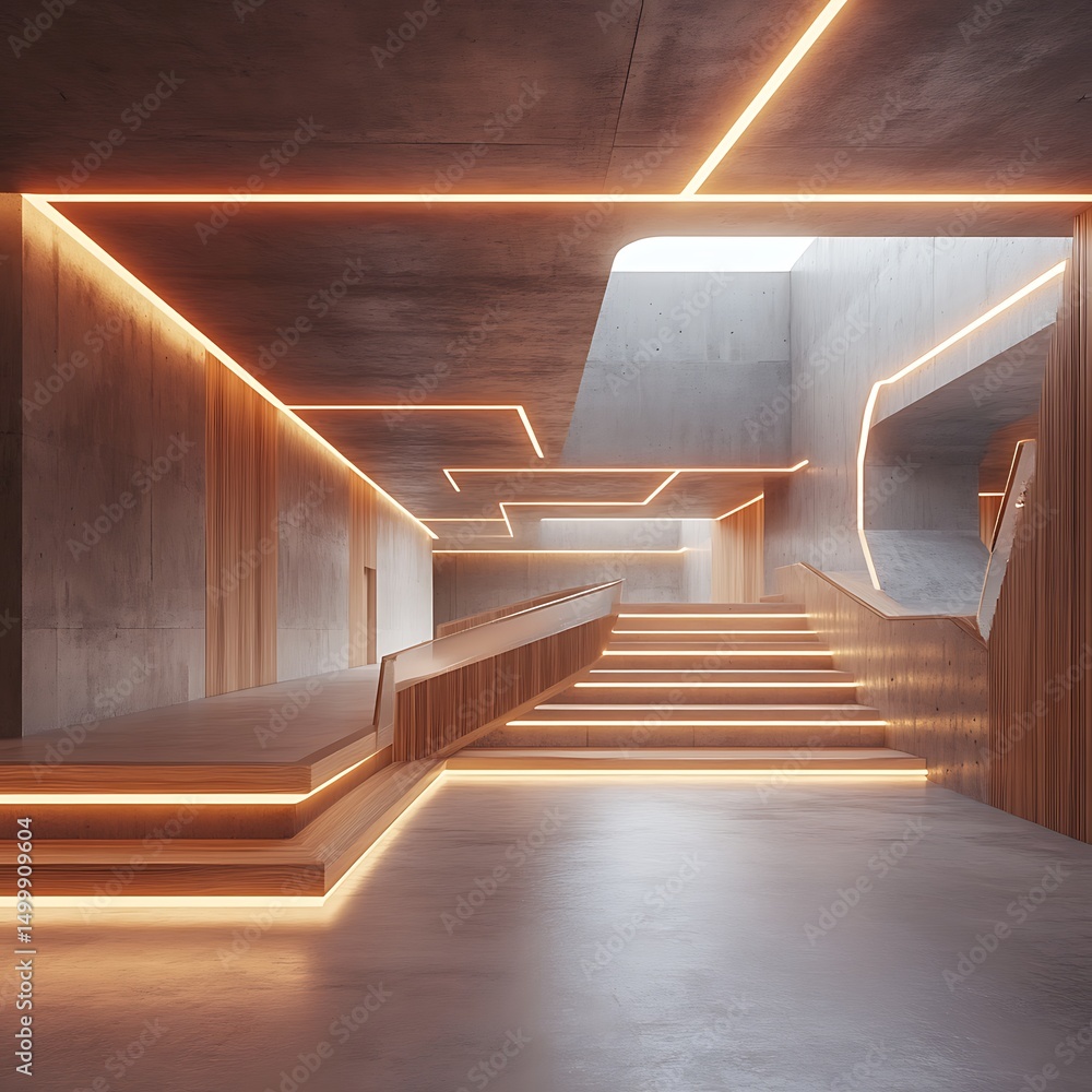 Poster 3d rendering of an empty room with stairs illuminated by neon lights