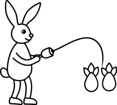 Cute Cartoon Bunny Rabbit Fishing for Pineapple Line Art Coloring Page
