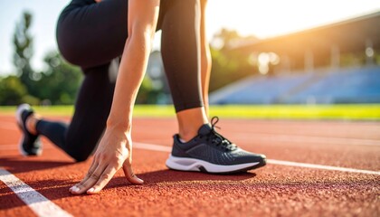 Runner poised at starting line.