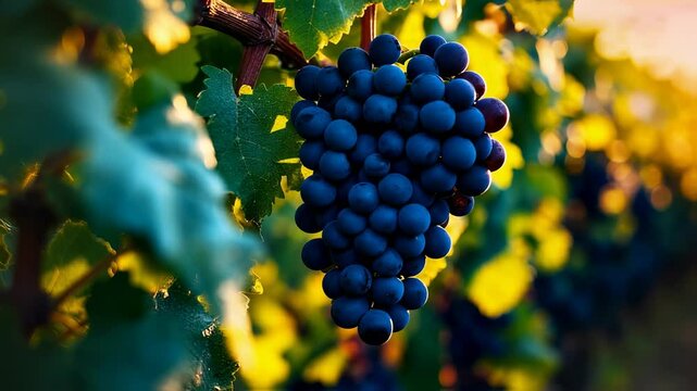 Sunlit cluster of blue grapes ripening on the vine in a vineyard