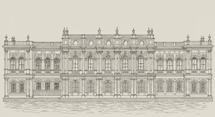 Intricate Line Art of Ciragan Palace Waterfront Facade