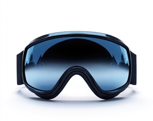 Dark blue ski goggles, front view, reflective lens