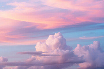 Dreamy pastel sunset sky with pink and blue gradient and soft fluffy clouds in a whimsical style

