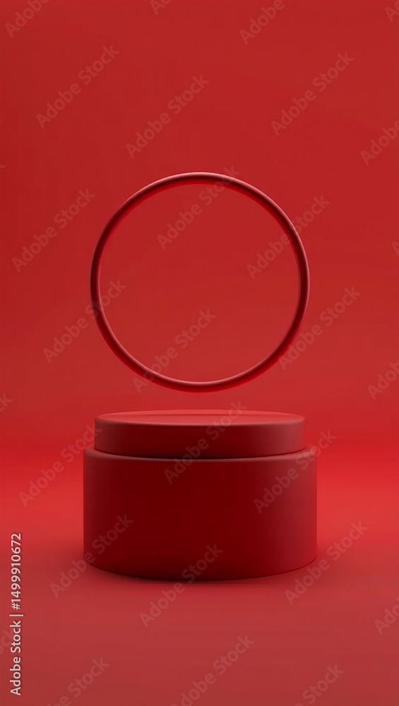 Poster abstract red cylindrical platform with floating ring