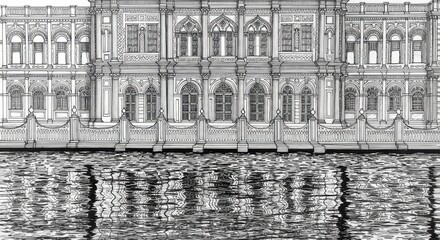 Intricate Line Art of Ciragan Palace Waterfront Facade
