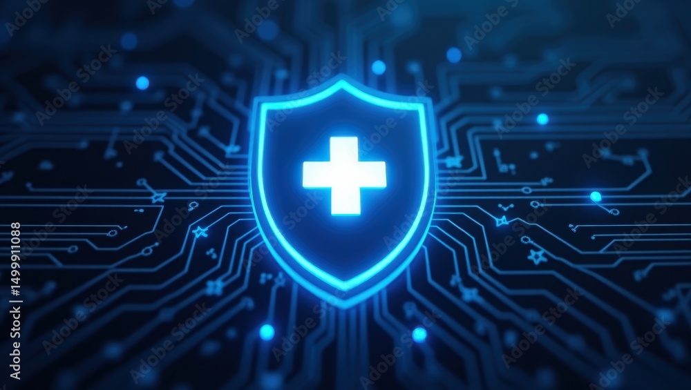 Poster illuminated shield icon over a complex circuit board.