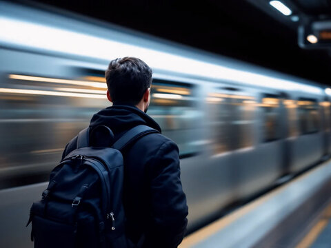 Man in motion blur scene with train passing by, urban commuter vibe.