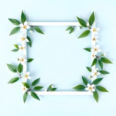 Naklejka premium A white framed border adorned with white flowers and green leaves on a light blue background. 