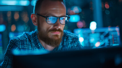 Tech professional analyzing data with holographic interface, symbolizing innovation in digital workspaces