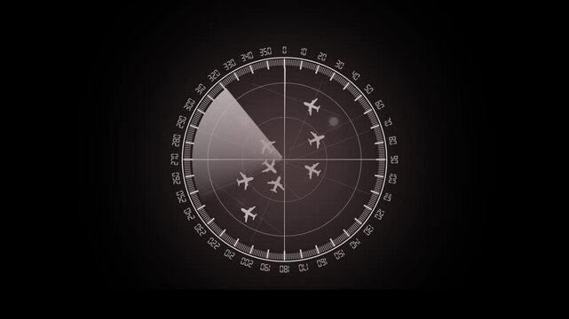 Air traffic control tower with advanced radar system, high-tech flight tracking between countries and continents, international air travel map