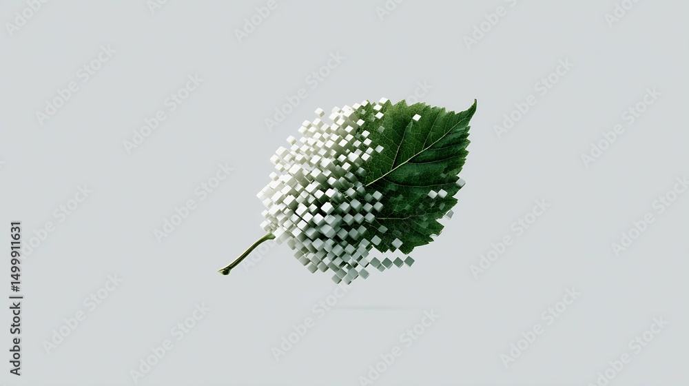 Poster abstract green leaf with pixelated cubes effect on a gray background for digital art