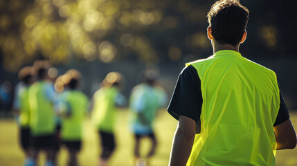 Fototapeta premium A group of people wearing yellow vests gathers outdoors, likely preparing for or participating in a sports activity on a sunny day.