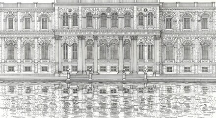 Intricate Line Art of Ciragan Palace Waterfront Facade