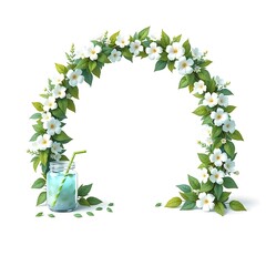 Fototapeta premium A white flowered arch with green leaves, and a glass jar of blue drink with a straw at its base. 
