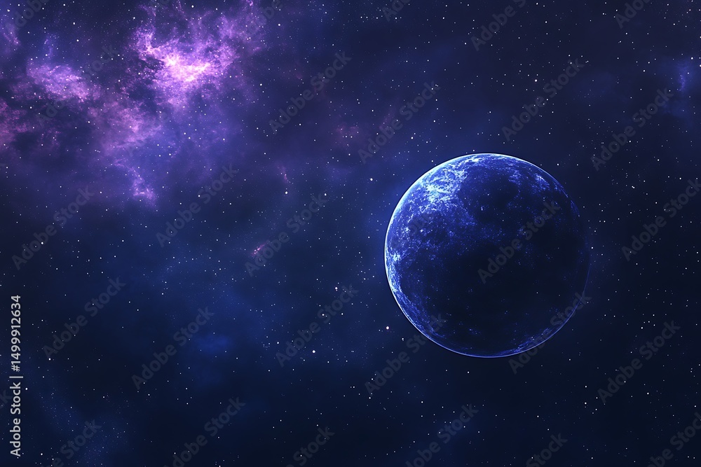 Poster abstract space background with planet and nebula, 3d render illustration