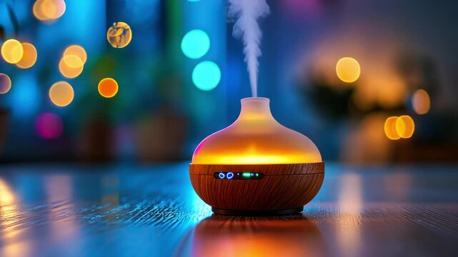 aromatherapy diffuser emitting vapor on wooden surface with bokeh lights in background