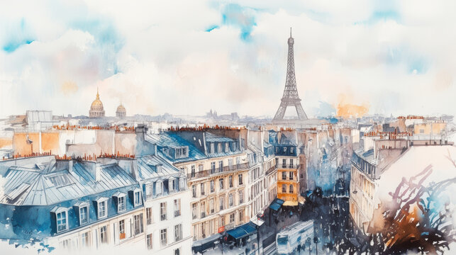 paris watercolor cityscape eiffel background style