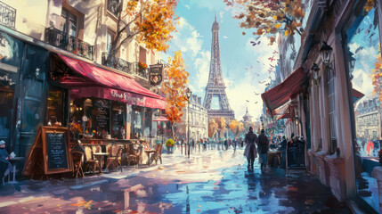 paris portrayal street scene eiffel background