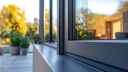 Modern gray window frames against a blurred garden backdrop
