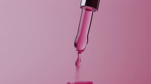 Delicate Pink Liquid Dropping From Pipette; A Beauty and Skincare Concept