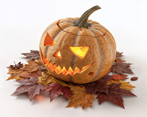 Carved halloween pumpkin with spooky face glowing among colorful autumn leaves isolated on white background