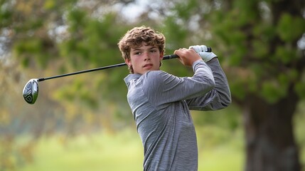 Focused young golfer executing a powerful drive on a lush green course, trees softly blurred in the background