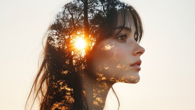 Double exposure portrait of a woman, with a tree and sunlight overlayed on her head - Powered by Adobe