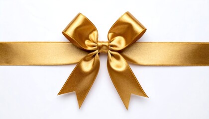 Gold ribbon bow with white background.