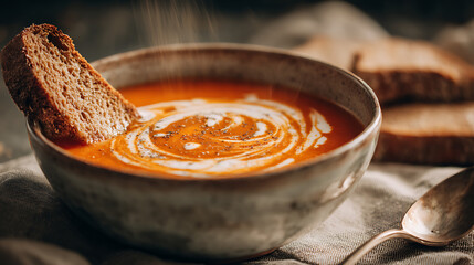 a bowl of creamy tomato soup with a swirl of vegan cream, a piece of whole grain toast being dipped in, steam rising, rustic ceramic bowl on a linen napkin, cozy kitchen light