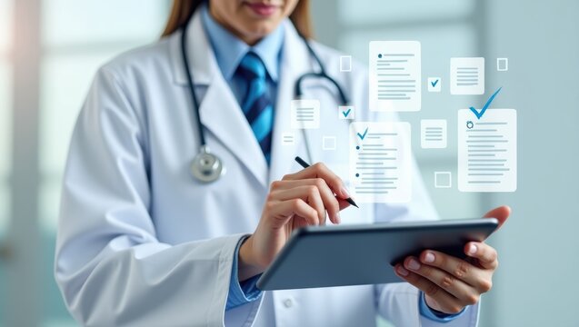 Doctor reviewing digital medical records on a tablet.