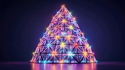 Footage shows a glowing Christmas tree of metal construction, decorated with bright lights, rotating against a dark background. Festive holiday celebration concept. - Powered by Adobe