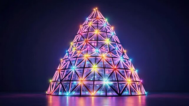 Footage shows a glowing Christmas tree of metal construction, decorated with bright lights, rotating against a dark background. Festive holiday celebration concept.