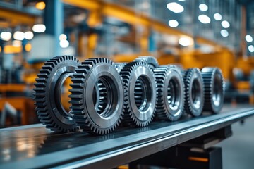 Metal gears on a conveyor in a factory