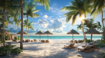 Fototapeta premium Tranquil beach scene with palm trees and lounge chairs