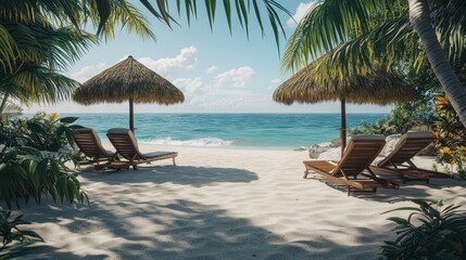 Tranquil beach scene with two lounge chairs and palm trees