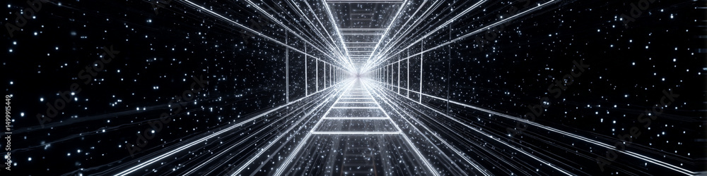 Poster a perspective view of a futuristic tunnel with white lines and stars in a dark space environment