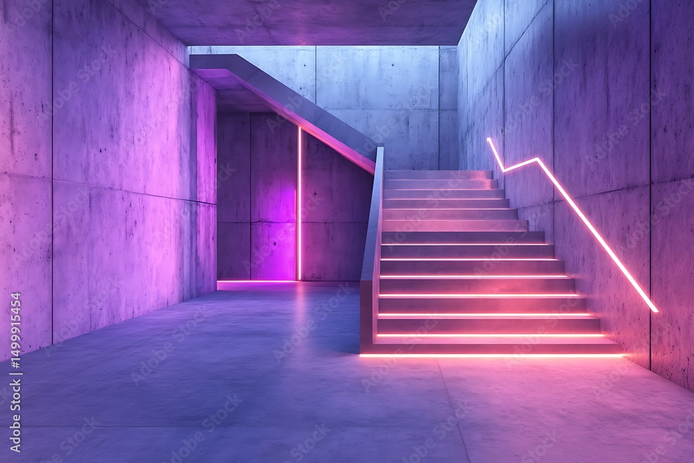 Aufkleber 3d rendering of an empty room with stairs illuminated by neon lights