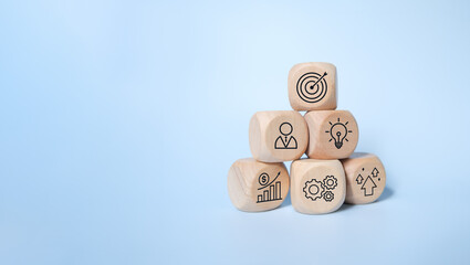 Wood cube with business icon, Start-up, Creativity, Big idea, Business goals management, Investment on new project to wealth, Company strategy target, Sustainable financial plan